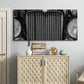 Three-panel canvas wall art featuring vintage car grille detail, displayed above a cabinet in an entryway.