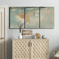 Three-panel canvas wall art featuring minimalist abstract emotional fields, displayed above a cabinet in an entryway.
