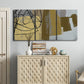 Three-panel canvas wall art featuring industrial abstract digital glitch pattern, displayed above a cabinet in an entryway.