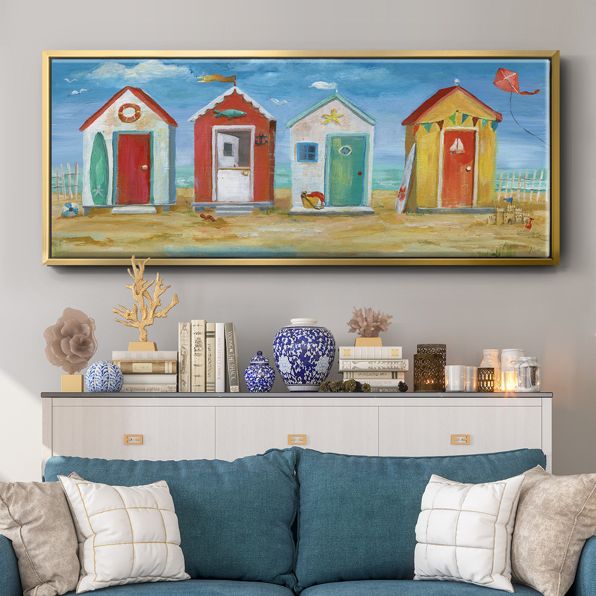 Bright Beach Huts - Floater Framed Canvas Print