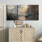 Three-panel canvas wall art featuring winter river sunset with reflections, displayed above a cabinet in an entryway.