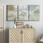 Three-panel canvas wall art featuring whimsical vertical tree landscape, displayed above a cabinet in an entryway.