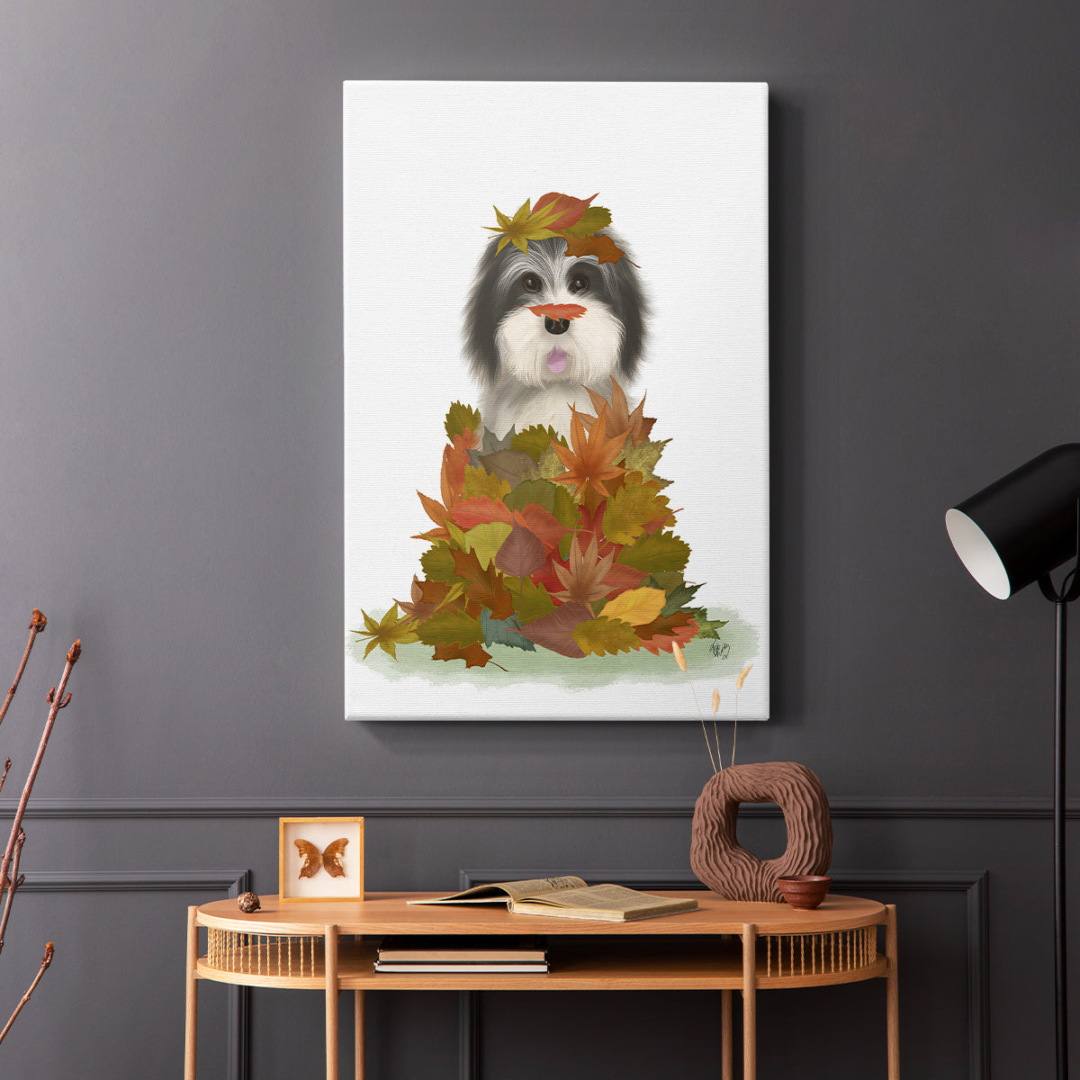 Landed in Autumn, Black and White Dog - Canvas Art Print