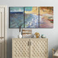 Three-panel canvas wall art featuring figures along rocky beach, displayed above a cabinet in an entryway.