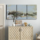 Three-panel canvas wall art featuring minimal abstract summer landscape, displayed above a cabinet in an entryway.