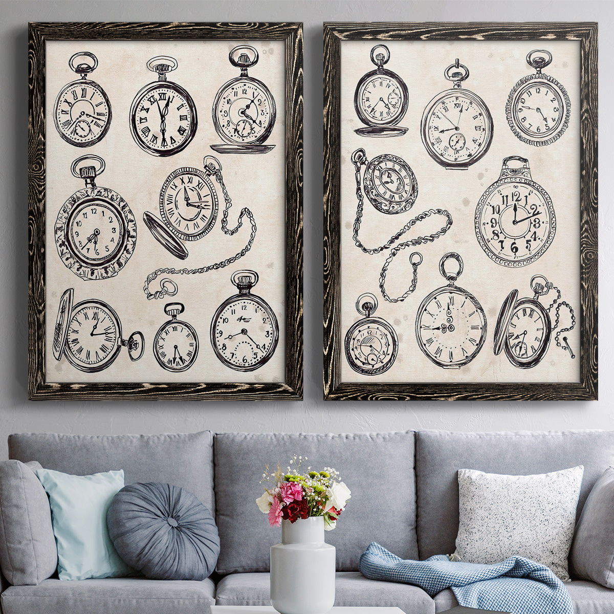 Pocket Watch Sketches I - Premium Framed Canvas 2 Piece Set - Ready to Hang