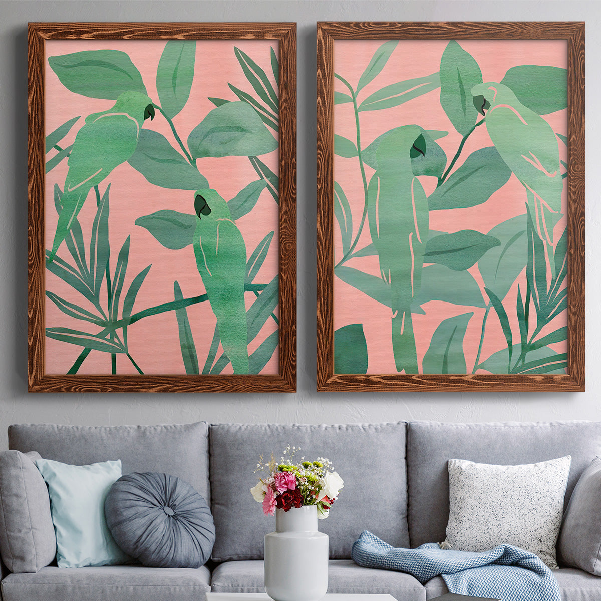 Pink and Green Birds of Paradise I - Premium Framed Canvas 2 Piece Set - Ready to Hang