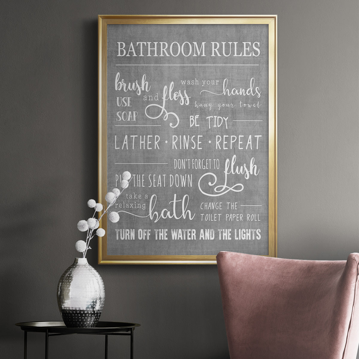 Neutral Bathroom Rules - Modern Framed Canvas Print