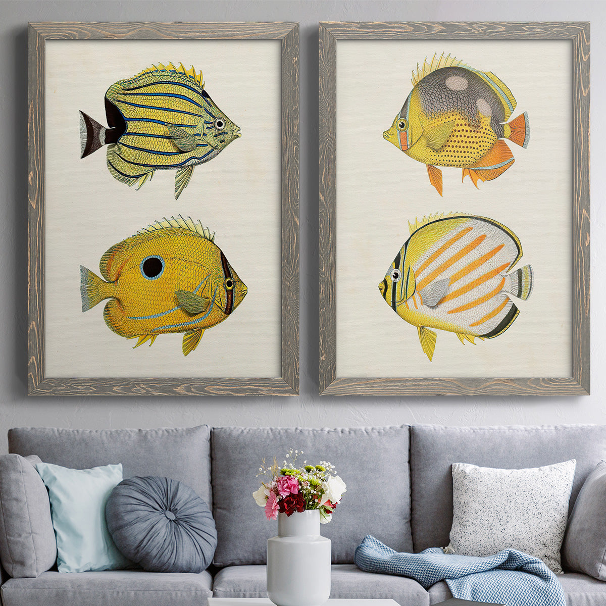 Yellow & Grey Fish III - Premium Framed Canvas 2 Piece Set - Ready to Hang