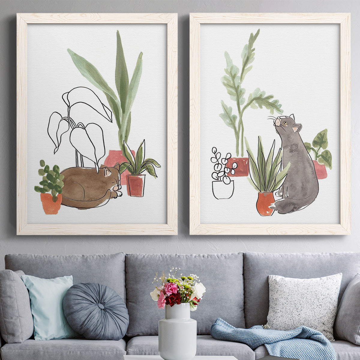 Purrfect Plants III - Premium Framed Canvas 2 Piece Set - Ready to Hang