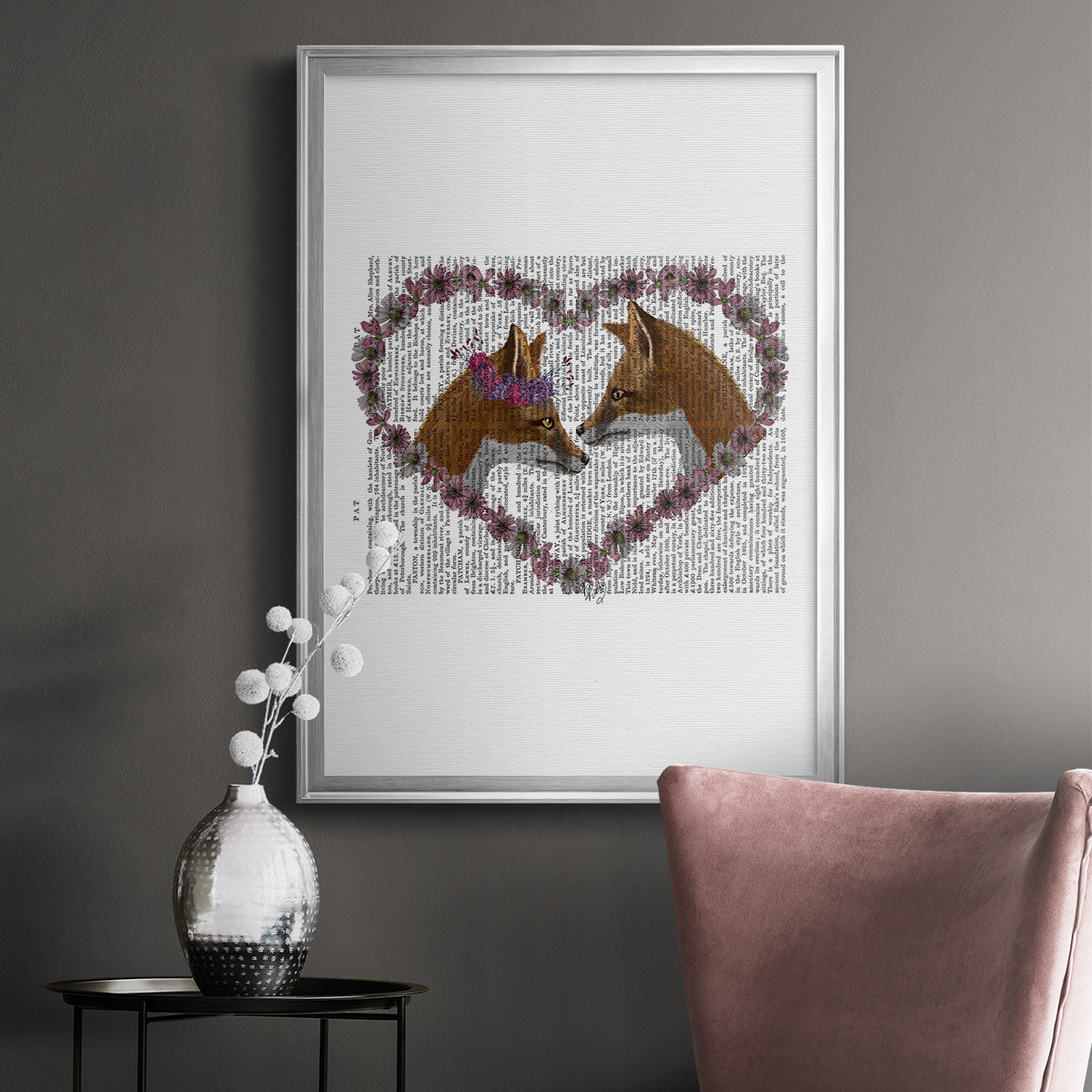 Foxes in Flowers - Modern Framed Canvas Print