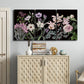 Three-panel canvas wall art featuring early spring blossoms in soft tones, displayed above a cabinet in an entryway.