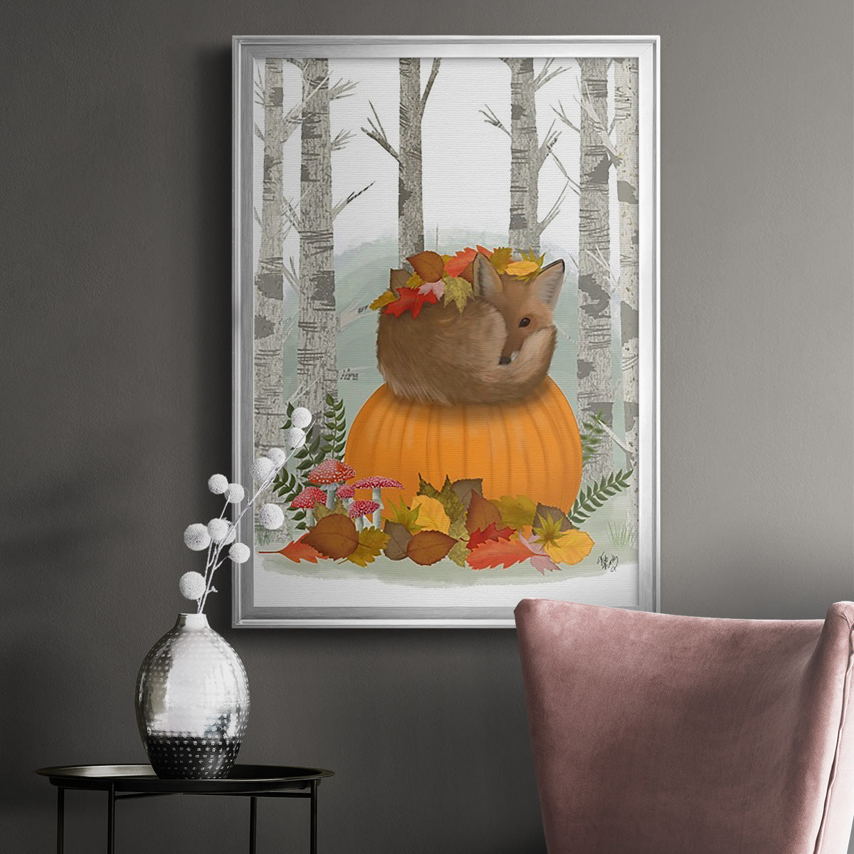 Fox Curled on Pumpkin - Modern Framed Canvas Print