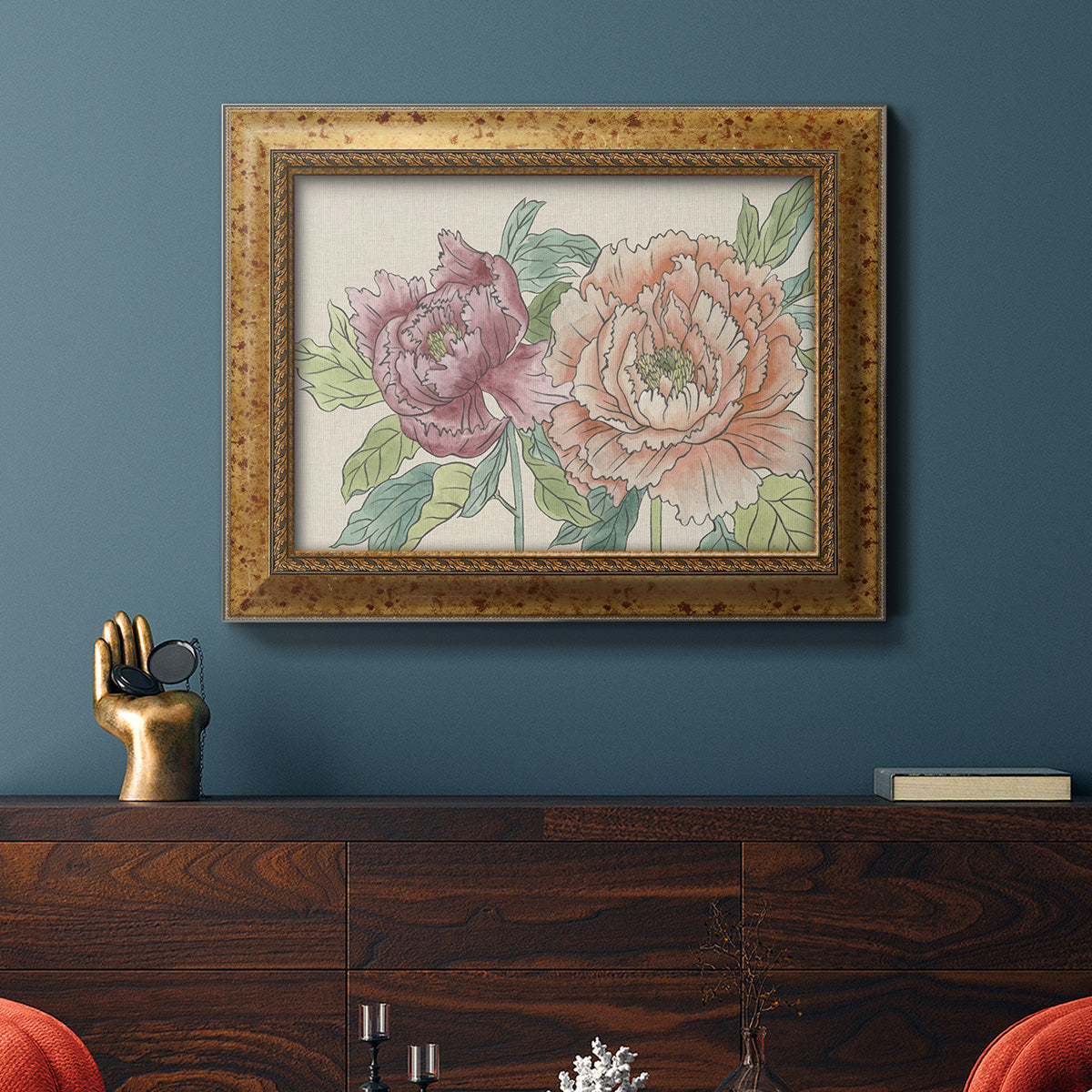Modern peony floral drawing in an ornate vintage gold frame displayed in a dark-toned interior setting.