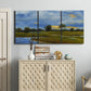 Three-panel canvas wall art featuring riverside walking path through greenery, displayed above a cabinet in an entryway.