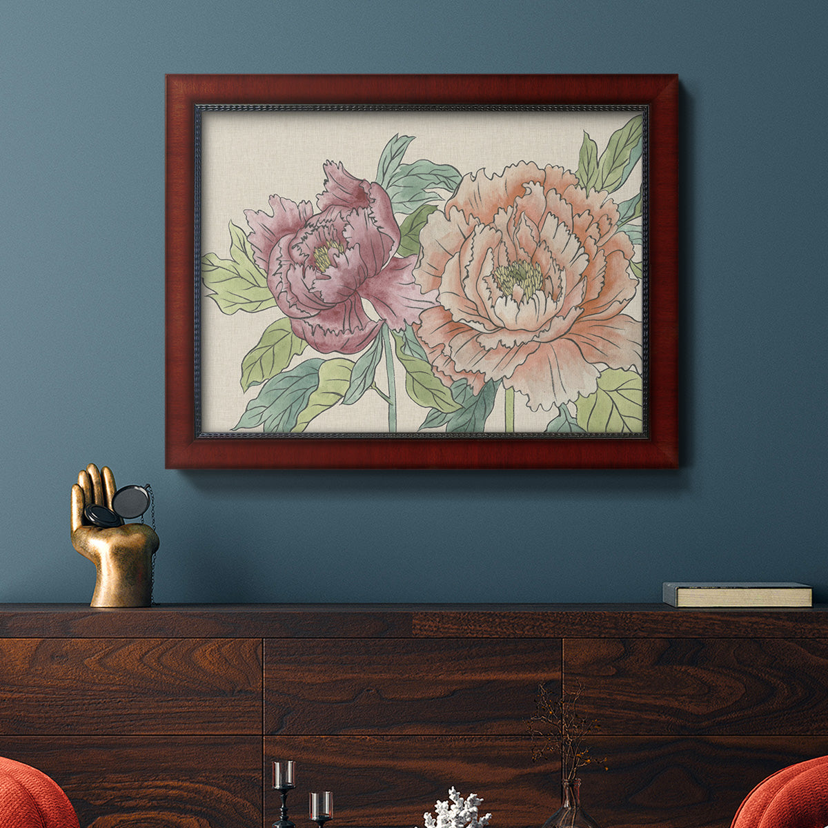 Modern peony floral drawing in an ornate cherry burl wood frame displayed in a dark-toned interior setting.