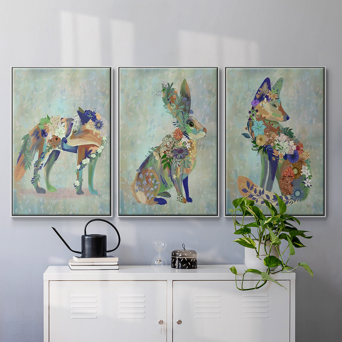 Fantastic Florals Fox, Sitting - Framed Premium Gallery Wrapped Canvas L Frame 3 Piece Set - Ready to Hang