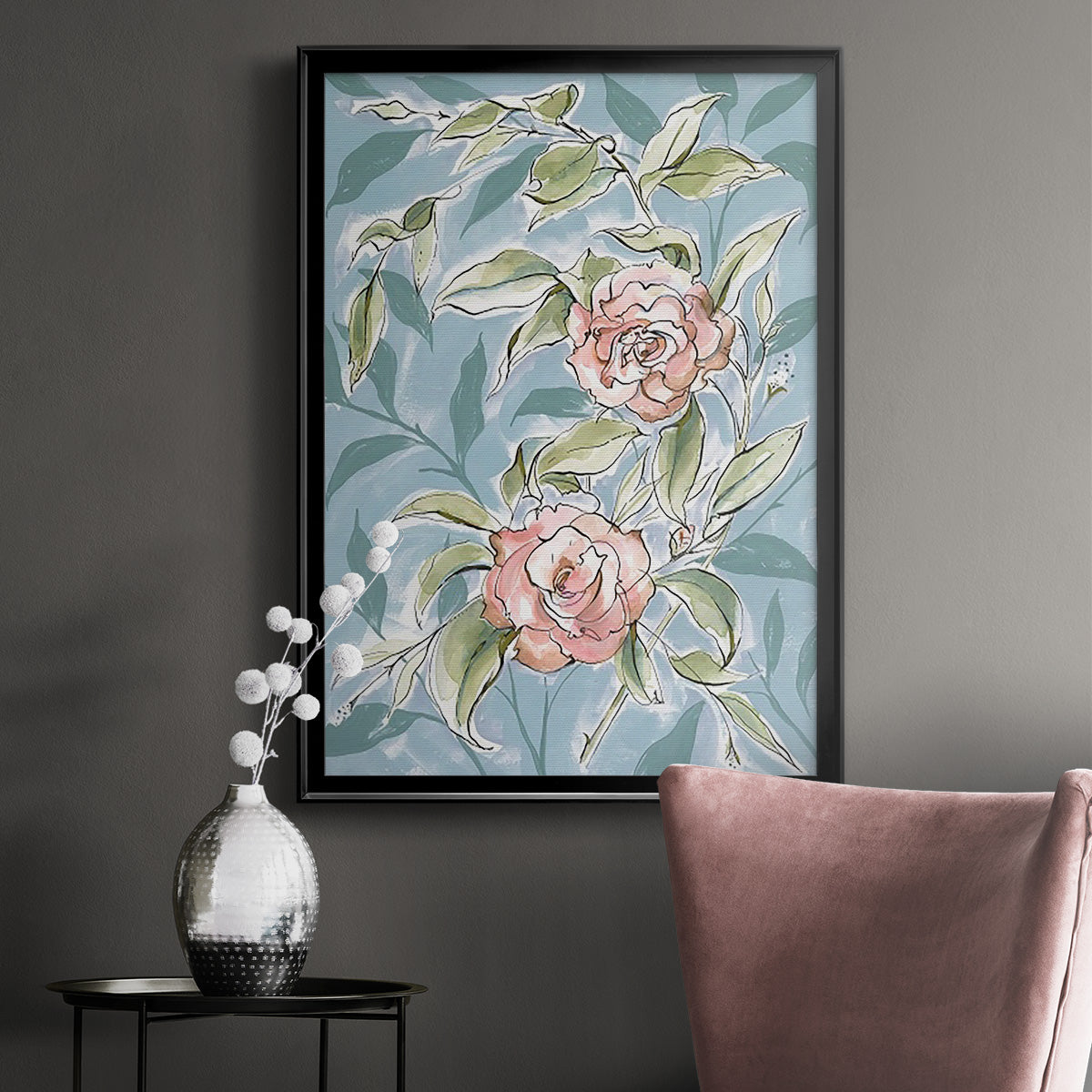 Faded Camellias II - Modern Framed Canvas Print