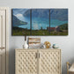 Three-panel canvas wall art featuring symmetrical water reflections with trees, displayed above a cabinet in an entryway.
