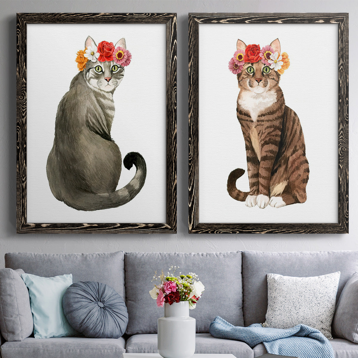 Flower Crown Cats I - Premium Framed Canvas 2 Piece Set - Ready to Hang