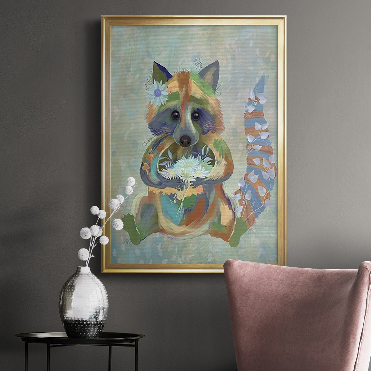 Fantastic Florals Raccoon - Modern Framed Canvas Print