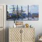 Three-panel canvas wall art featuring industrial dock along harbor, displayed above a cabinet in an entryway.