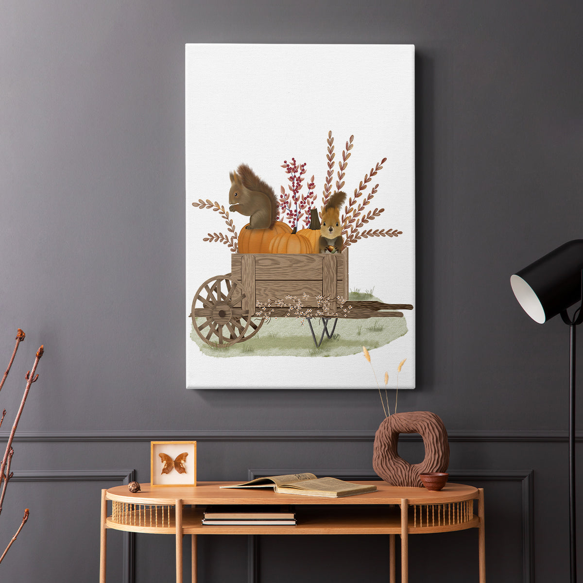 Squirrels In Pumpkin Wheelbarrow - Canvas Art Print