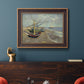 Impressionist coastal fishing boats scene by Vincent van Gogh in an ornate bronzed mahogany wood frame displayed in a dark-toned interior setting.