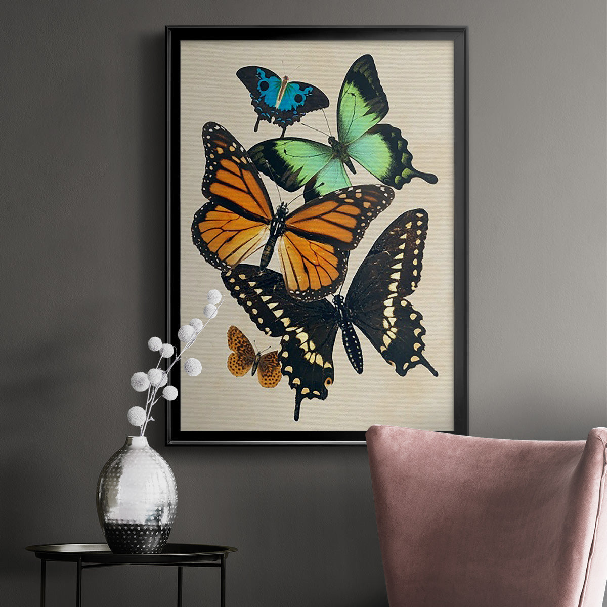 Collaged Butterflies I - Modern Framed Canvas Print