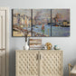 Three-panel canvas wall art featuring evening harbor with reflections, displayed above a cabinet in an entryway.