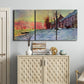 Three-panel canvas wall art featuring river view beneath cloudy sky, displayed above a cabinet in an entryway.