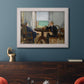 Impressionist interior scene by Édouard Manet in an ornate weathered white frame displayed in a dark-toned interior setting.