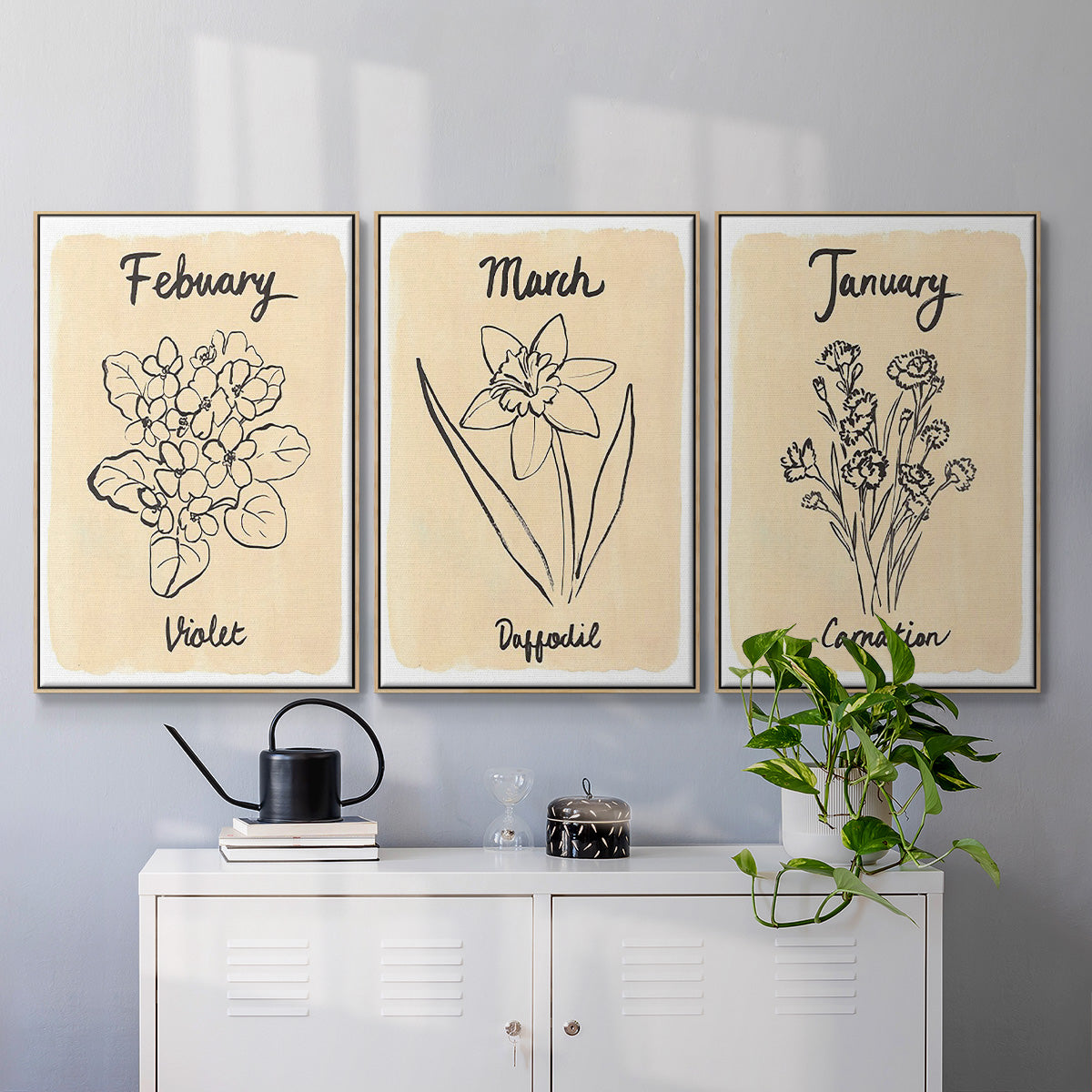 Birth Month I - Framed Premium Gallery Wrapped Canvas L Frame 3 Piece Set - Ready to Hang