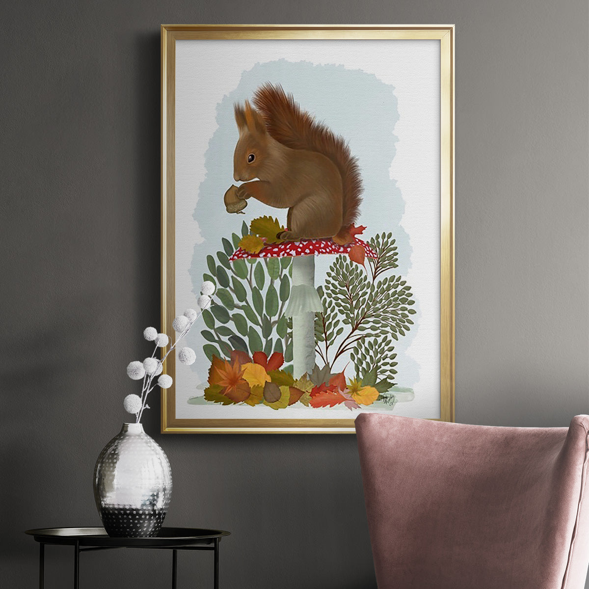 Red Squirrel On Mushroom - Modern Framed Canvas Print