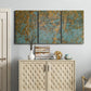 Three-panel canvas wall art featuring earthy copper toned abstract, displayed above a cabinet in an entryway.