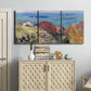 Three-panel canvas wall art featuring coastal village shoreline landscape, displayed above a cabinet in an entryway.
