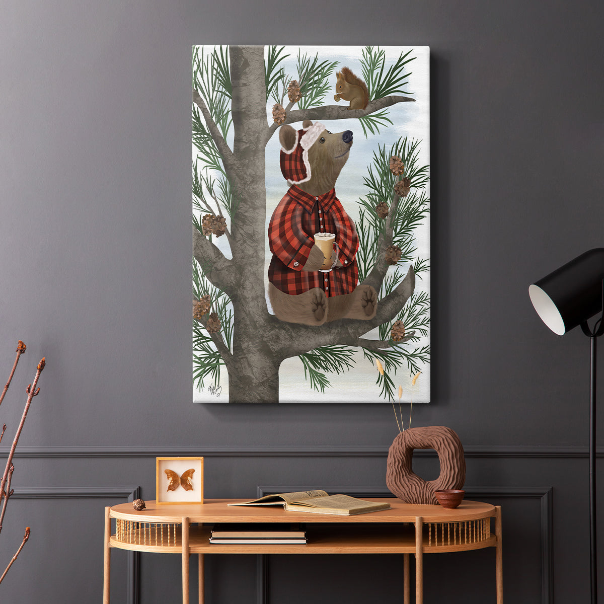 Lumberjack Bear Pine Tree Coffee Break - Canvas Art Print