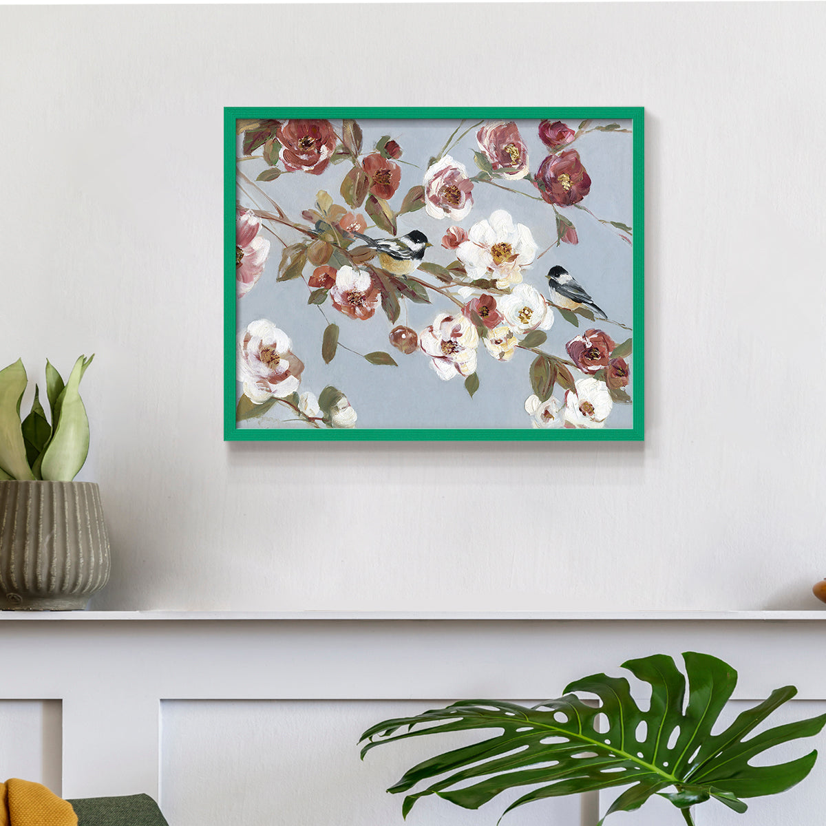 44432,artwork,flowers,songbirds,blooming,pastel colors,nature,painting,tranquility,floral,decor,home,birds,soft tones,wall art,still life,elegance,design,garden,wildlife,peace,beauty,colorful,composition,branches,brushwork,canvas,contemporary,aesthetic,visual,spring,serene,charm,details,flora,fauna,modern,interior design,color palette,harmony,inspiration,Re-stickable,Plants & Flowers