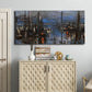 Three-panel canvas wall art featuring Le Havre port at night with lights, displayed above a cabinet in an entryway.