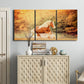 Three-panel canvas wall art featuring running horses captured in motion, displayed above a cabinet in an entryway.
