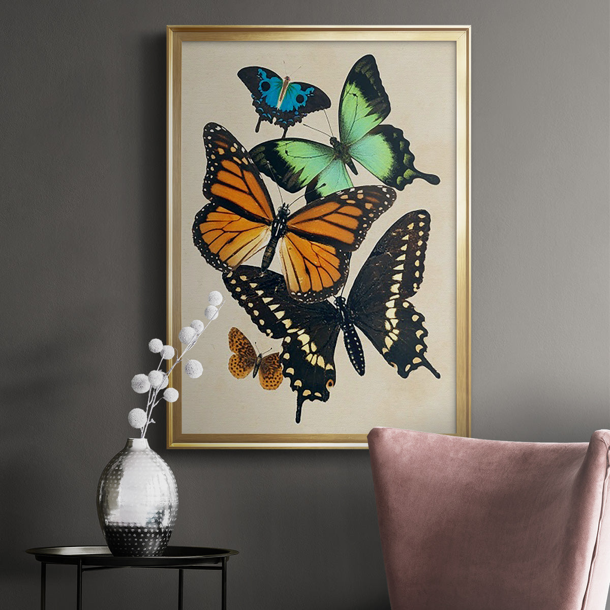 Collaged Butterflies I - Modern Framed Canvas Print