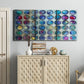 Three-panel canvas wall art featuring contrasting geometric abstract variations, displayed above a cabinet in an entryway.