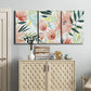 Three-panel canvas wall art featuring layered tropical plant collage, displayed above a cabinet in an entryway.