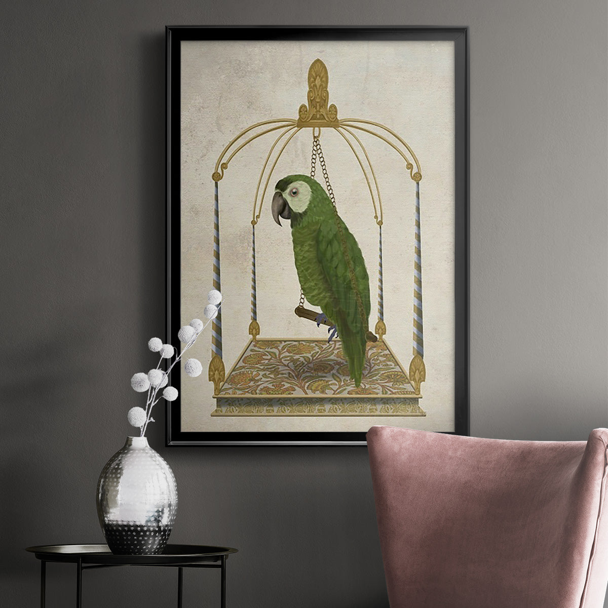 Green Parrot on Swing - Modern Framed Canvas Print