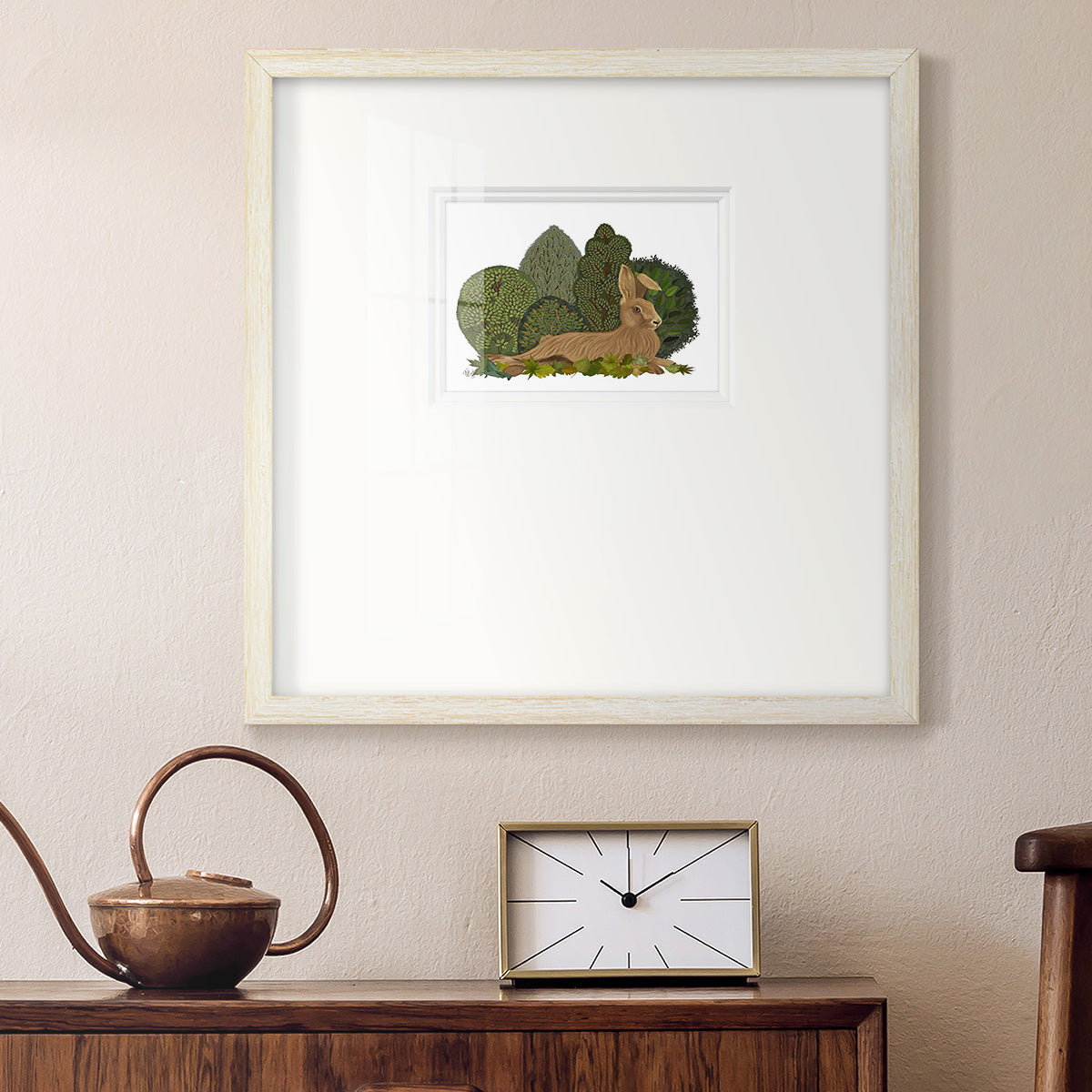 Hare Reclining in Leaves Premium Framed Print Double Matboard