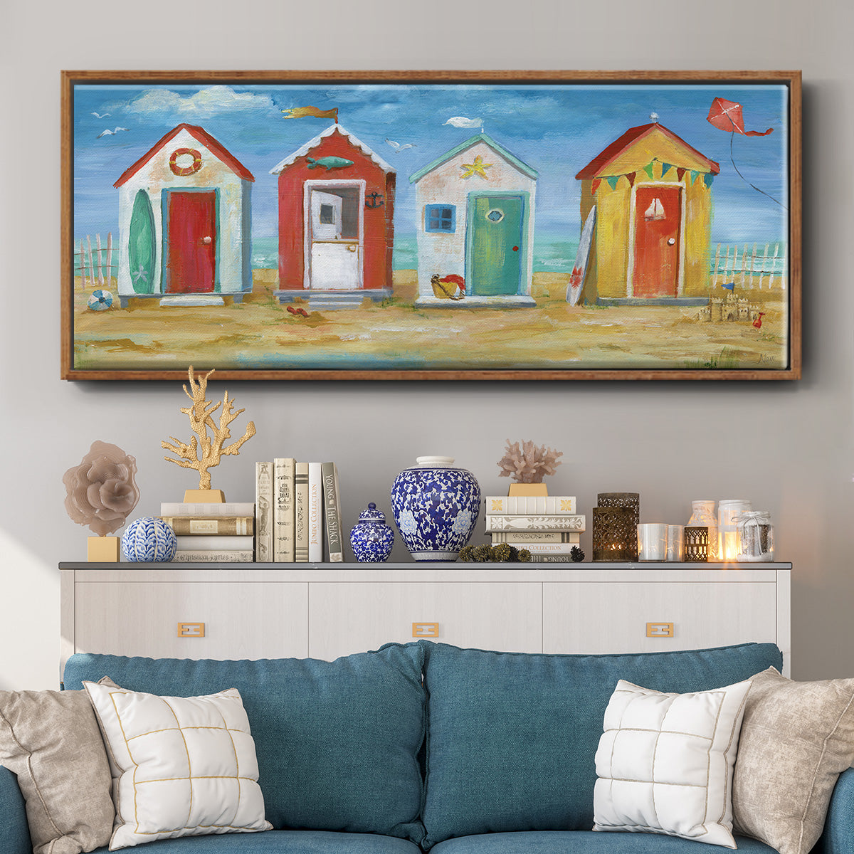 Bright Beach Huts - Floater Framed Canvas Print