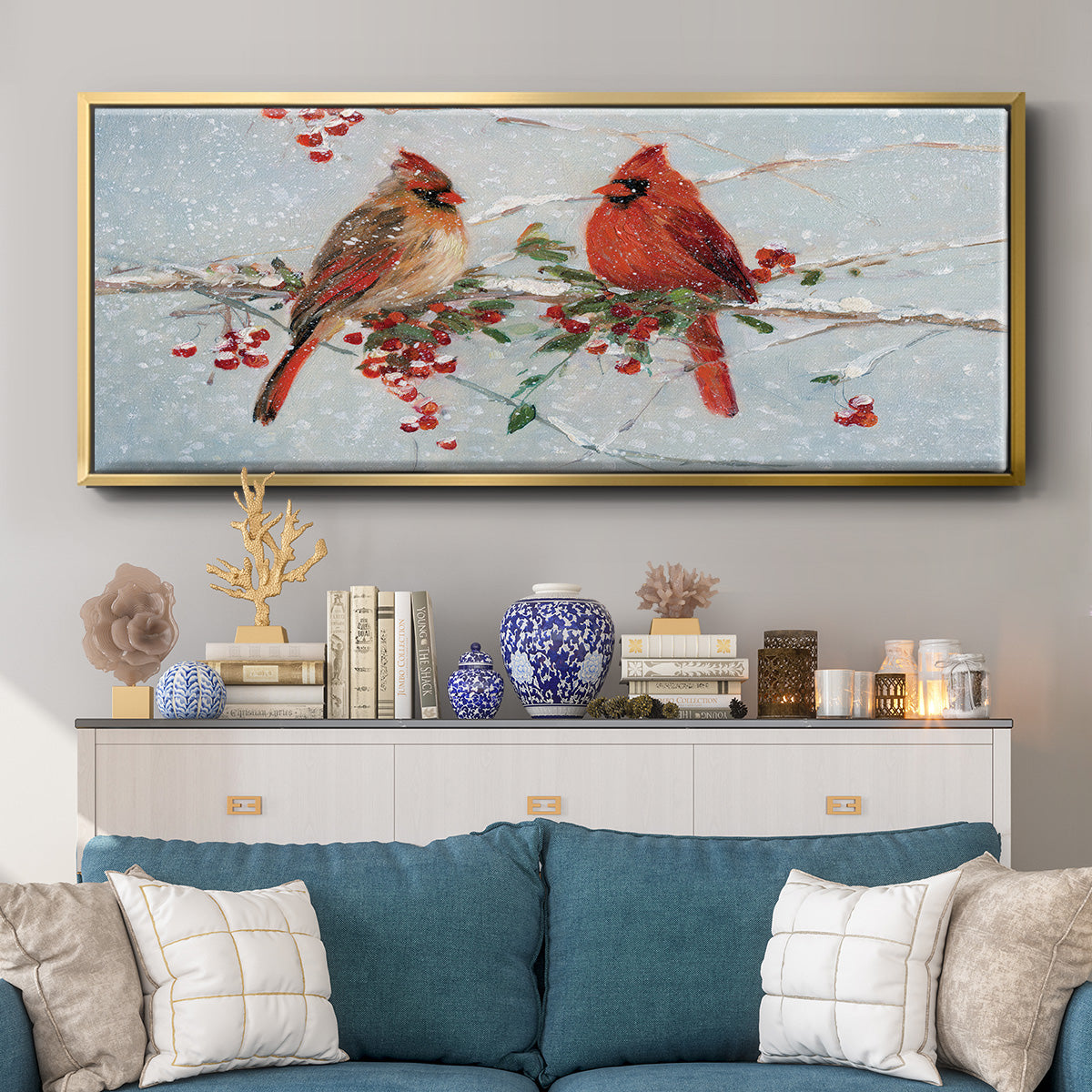 Cardinals in Winter - Floater Framed Canvas Print
