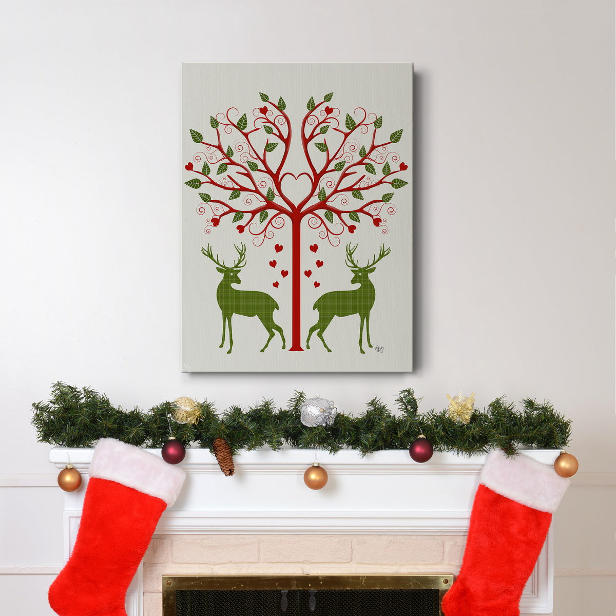 Christmas Des - Deer and Heart Tree, On Cream Premium Gallery Wrapped Canvas - Ready to Hang