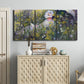 Three-panel canvas wall art featuring woman walking with parasol, displayed above a cabinet in an entryway.