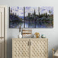 Three-panel canvas wall art featuring quiet river bend near village, displayed above a cabinet in an entryway.